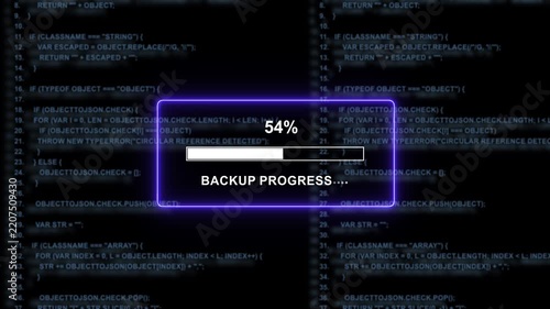 Dynamic digital backup progress bar overlay with scrolling programming code background, representing data transfer, system loading, cloud computing synchronization, and software development processes