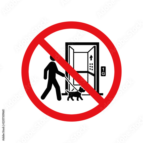 Obraz na plátně No dogs allowed in elevator warning icon featuring black pictogram of man with pet on leash inside red circle on transparent background for safety signage