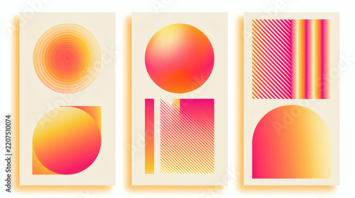 Set of four colorful abstract geometric posters with circles, lines, gradients and bold pink, orange and yellow shapes on a light gray wall.