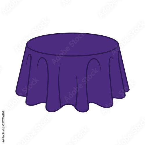 Round table covered with a draped purple tablecloth