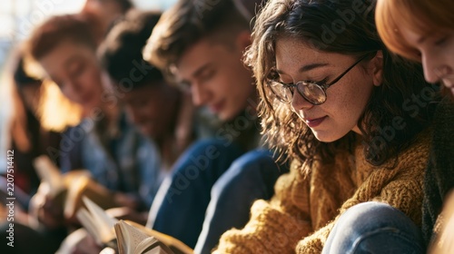 Diverse young adult group focused on reading book together in cozy indoor setting during leisure time
