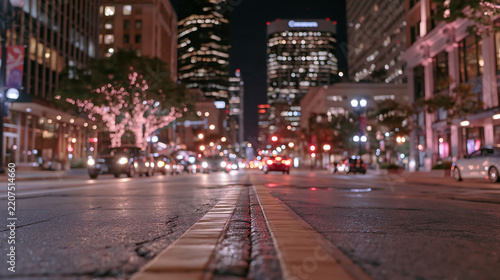 night cityscape with glowing light trails on street and tall skyscrapers under starry sky showing urban life long exposure photography and modern metropolis architecture