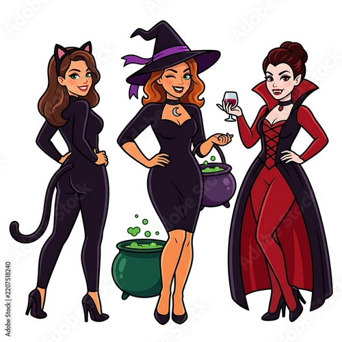 Three women in Halloween costumes witch vampire and cat girl
