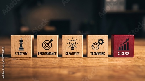 Performance, creativity, and teamwork wooden cubes with target, light bulb, and gear icons, corporate values and business strategy