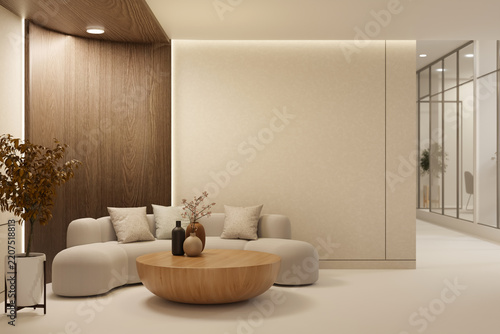 modern curved beige sofa wood panel round table plant lounge interior