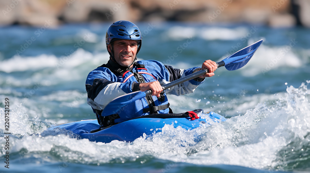 Obraz premium professional whitewater kayaking athlete splashing through turbulent river current with paddle in hand representing outdoor adventure courage and active lifestyle in the wild
