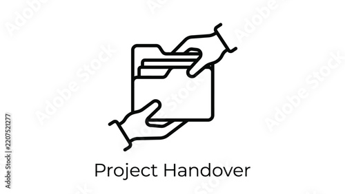 Minimalist black outline vector icon showing hands transferring folder document during project handover process