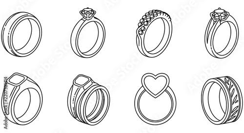 Line art illustrations of various ring designs on a white background