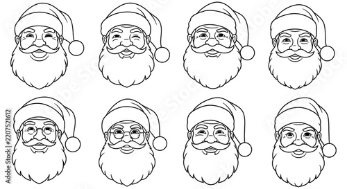 Eight santa claus face illustrations with varying expressions in black and white