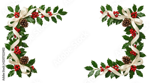 Christmas holly border with red berries and pine cones isolated on transparent background