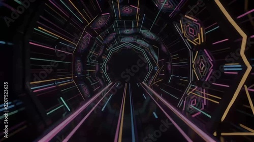 Abstract neon light tunnel with geometric glowing lines creating a futuristic digital perspective.