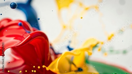 Vibrant liquid paint splash with colorful droplets flying in motion against a bright background.