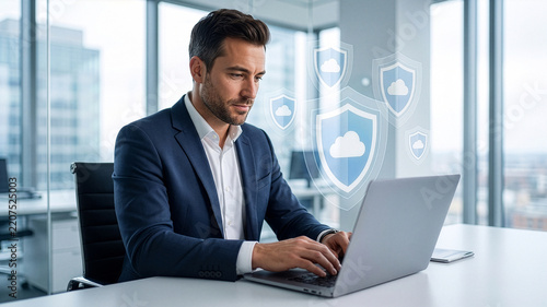 Businessman using laptop with secure cloud hologram in modern office