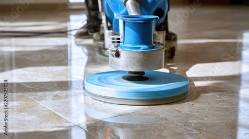 Professional floor cleaning machine polishing shiny tile surface with reflection and smooth finish indoors