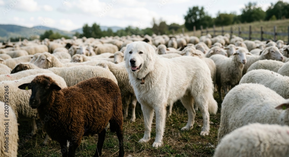 Obraz premium Large white livestock guardian dog standing among a flock of sheep in a green pasture during the day, protecting the herd on a rural farm with hills and trees in the background under a cloudy sky.