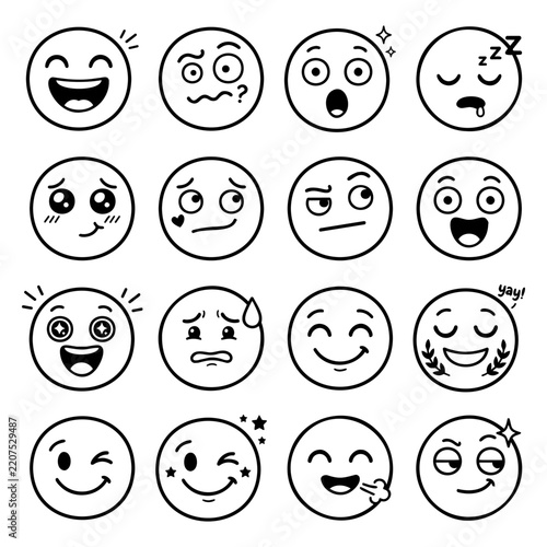 Set of cute doodle emoji vector icons with various expressions