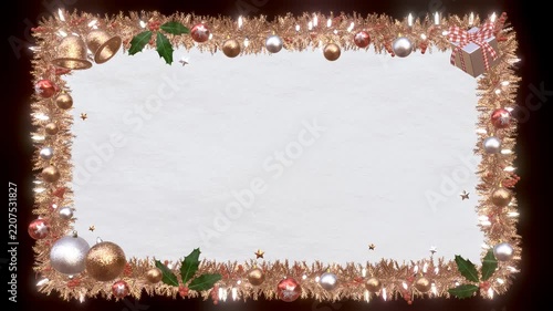 3D Pink Gold Christmas Card with holly berries and leaves, illuminate string lights, red ornaments, pine leaves, bells, gift box, loop animation on black background, white snow ground copy space.