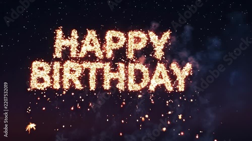 Happy Birthday message glowing with fiery sparks against a dark, starry night sky, creating a festive celebration.