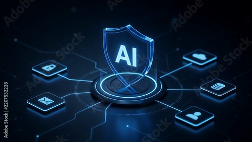 Artificial intelligence digital shield icon with security network connections and data icons for futuristic cyber security protection technology abstract software concept.