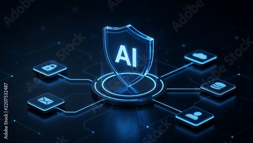 Cybersecurity shield with central ai icon connected to digital nodes representing network data protection and information system security for modern tech enterprise.