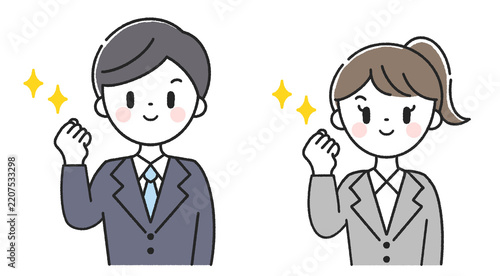 ガッツポーズをする男性社員と女性社員