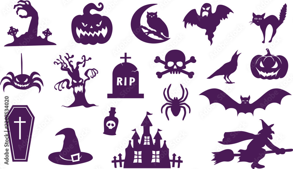 Fototapeta premium Purple Halloween Vector Silhouettes Set: Spooky Icons Featuring Jack O' Lantern, Haunted House, Witch on Broomstick, Ghost, Bat, Spider, Skull, Crow, Owl, and Cemetery Elements for Scary Designs