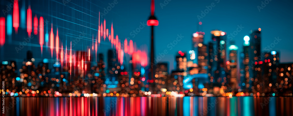 Obraz premium Modern Canadian Skyline with Stock Exchange Financial Data Background