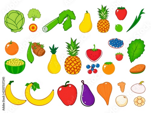 Set of colorful hand drawn fruits and vegetables icons featuring healthy food like apple banana pineapple and broccoli