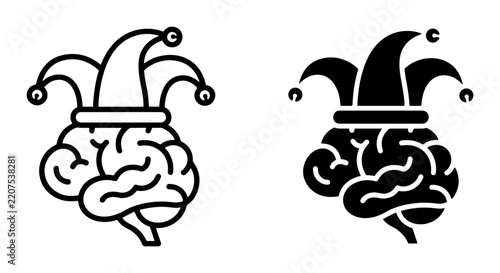 Brain with jester hat silhouette and outline, representing foolishness or a jester's mind