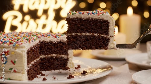 A delicious slice of chocolate birthday cake with white frosting and colorful sprinkles being served from a whole cake, with 