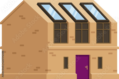 Modern Brick House Vector Illustration with Skylights and Purple Door