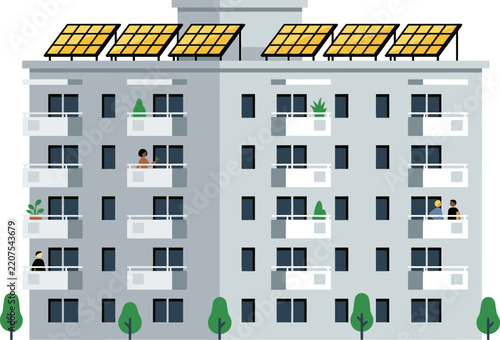 Sustainable apartment building with rooftop solar panels vector art