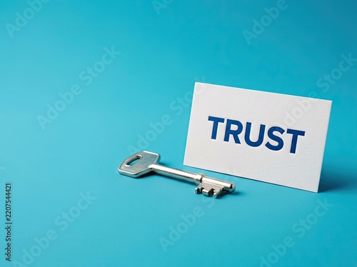 Silver key beside trust card on blue background ideal for finance marketing representing security credibility and unlocking confidence