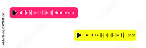 Voice message chat bubbles, pink yellow audio player, sound wave equalizer bar, messenger voice note UI, podcast player widget, mobile app chat dialog, play button soundwave, voice recording.