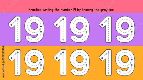 Educational Number 19 Tracing and Handwriting Practice Worksheet for Kids