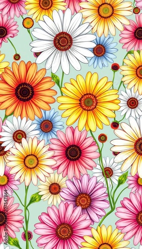 Vibrant hand-drawn daisies fill a repeating design ideal for clothing, bedding, or home decor, interior, || banner