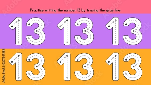 Educational Number 13 Tracing and Handwriting Practice Worksheet for Kids