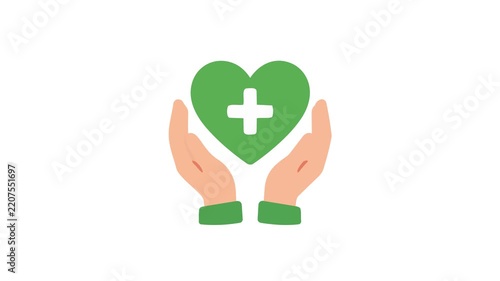 Healthcare animated hands holding and protecting green heart with cross, 4k white background.