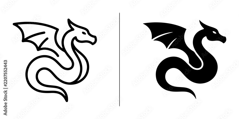 Fototapeta premium Dragon silhouettes set with mythical creature and tribal design for logo or tattoo
