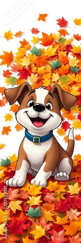Happy cartoon dog playing in a pile of colorful autumn leaves on a white background, white, leaves