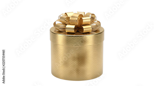 Golden gift box with shiny ribbon bow, elegant metallic round present container, luxury Christmas holiday gift box isolated on Transparent Background