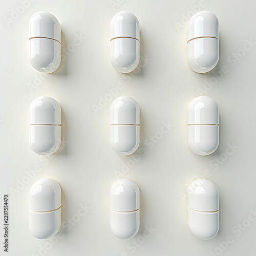 six white oval pill shaped pill caps