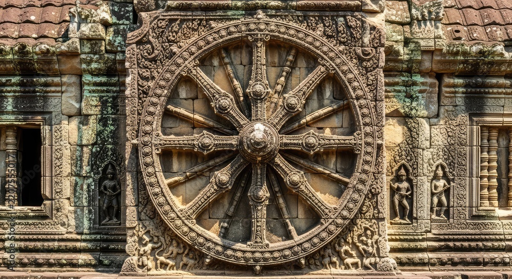 Obraz premium Intricate stone wheel carved into an ancient temple wall, showcasing detailed craftsmanship, radial spokes, and weathered architectural art, decorative, vintage, circle