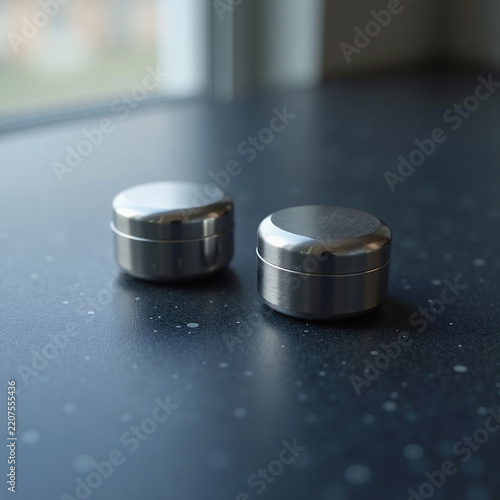 two metal containers sitting on top of a table