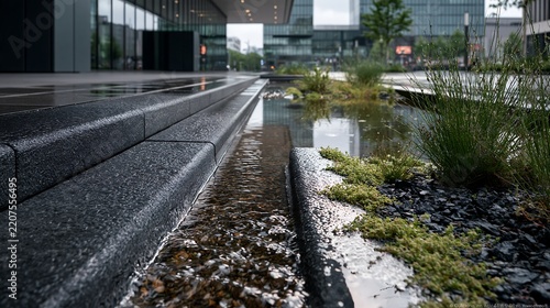Water feature with flowing stream between dark granite steps and landscaped garden, urban office building exterior with glass facade in background