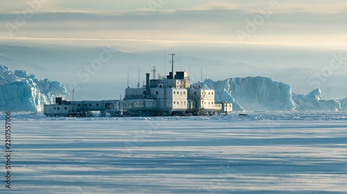 Research station building situated on frozen arctic ice surrounded by large glacial icebergs under a hazy overcast sky