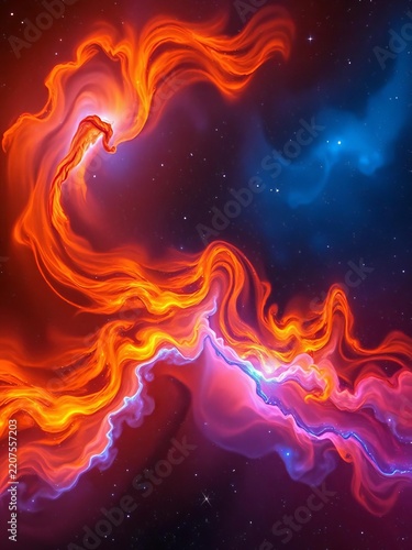 Vibrant swirling nebula with fiery orange and electric blue hues amidst a starry cosmos, colors, astronomy