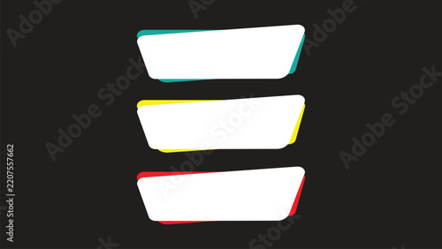 Three empty white banner labels featuring vibrant colorful accents arranged vertically isolated on a dark background ready for your custom text and creative designs