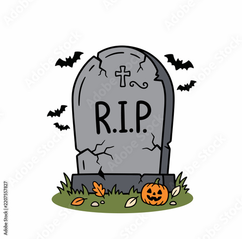 Spooky Tombstone with RIP Text and Flying Bats Halloween Illustration