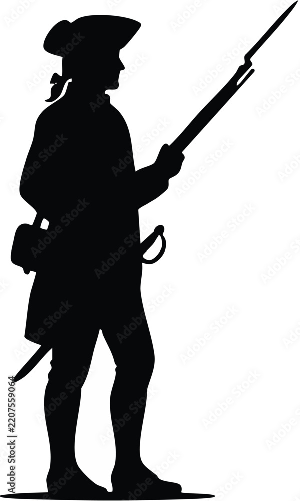 Fototapeta premium Revolutionary soldier holding a musket stands proudly in historical military uniform during wartime conflict.